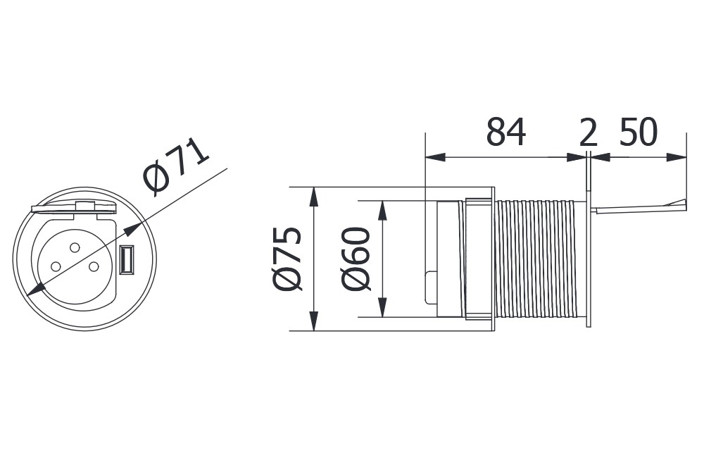 Rozečių blokas x1 Ø60mm su USB METALIC - Image 2
